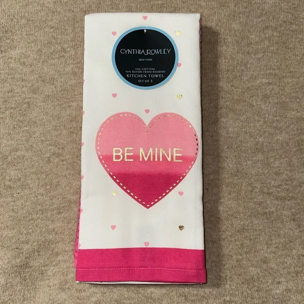 CR Valentine’s Day Pink White Metallic Gold Cotton Tea Kitchen Towels 3 Pack